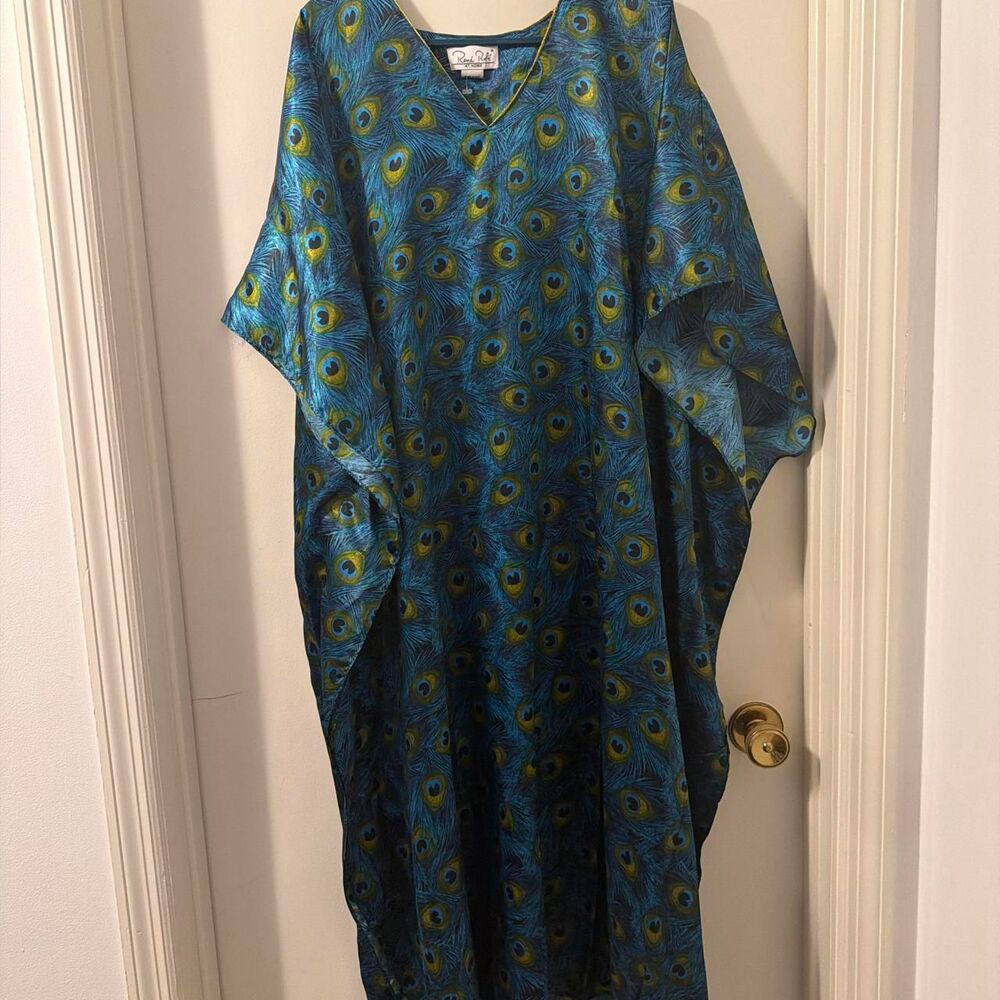 Vintage Rene Rofe One Size Golden Girls Fabulous Peacock Feather Caftan